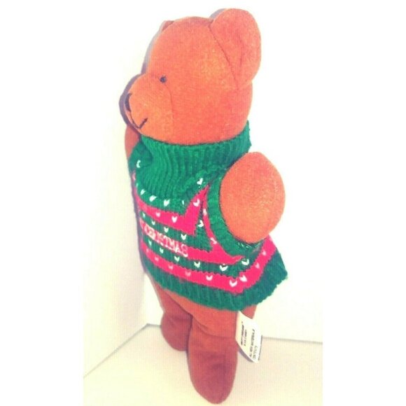 VINTAGE Soft Dreams Merry Christmas Bear 9" Baby Rattle Brown Sweater Red Green - Picture 4 of 8